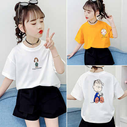 Girls short-sleeved T-shirt 2024 new summer clothes for children, middle and large children, fashionable T-shirt pullover knitted cotton sweater tops