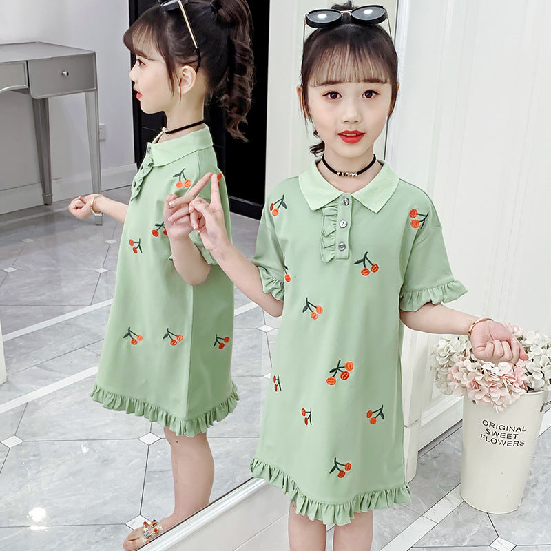 Girls short-sleeved T-shirt 2024 new summer clothes for children, middle and large children, fashionable T-shirt, pullover, knitted cotton shirt dress