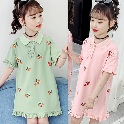 Girls short-sleeved T-shirt 2024 new summer clothes for children, middle and large children, fashionable T-shirt, pullover, knitted cotton shirt dress