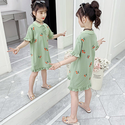 Girls short-sleeved T-shirt 2024 new summer clothes for children, middle and large children, fashionable T-shirt, pullover, knitted cotton shirt dress