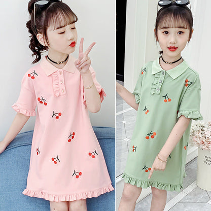 Girls short-sleeved T-shirt 2024 new summer clothes for children, middle and large children, fashionable T-shirt, pullover, knitted cotton shirt dress