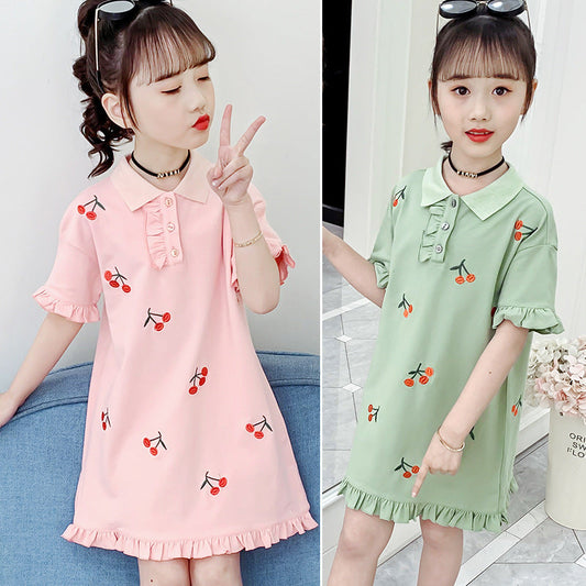 Girls short-sleeved T-shirt 2024 new summer clothes for children, middle and large children, fashionable T-shirt, pullover, knitted cotton shirt dress