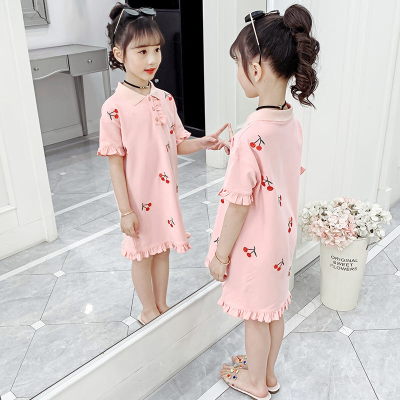 Girls short-sleeved T-shirt 2024 new summer clothes for children, middle and large children, fashionable T-shirt, pullover, knitted cotton shirt dress