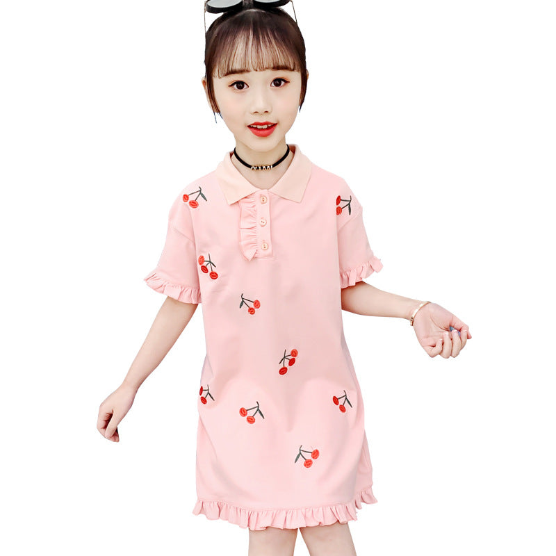 Girls short-sleeved T-shirt 2024 new summer clothes for children, middle and large children, fashionable T-shirt, pullover, knitted cotton shirt dress