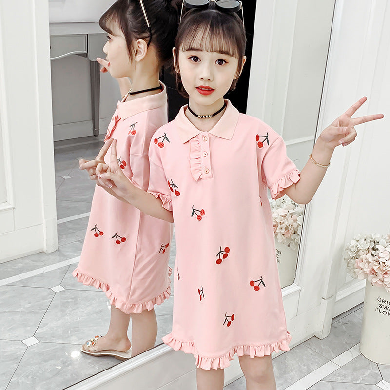 Girls short-sleeved T-shirt 2024 new summer clothes for children, middle and large children, fashionable T-shirt, pullover, knitted cotton shirt dress