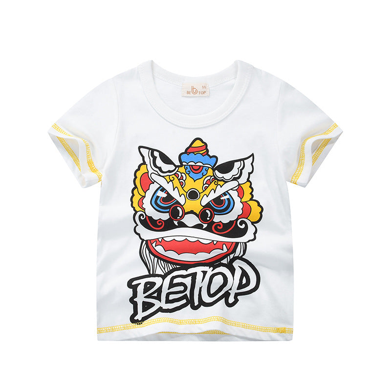 Factory direct sales be top children's clothing 2024 children's clothing Chinese style children's summer clothing short-sleeved T-shirt pure cotton lion head