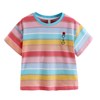 Girls short-sleeved T-shirt 2024 new summer clothes for children, middle and large children, fashionable T-shirt pullover knitted cotton sweater tops trendy