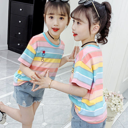 Girls short-sleeved T-shirt 2024 new summer clothes for children, middle and large children, fashionable T-shirt pullover knitted cotton sweater tops trendy