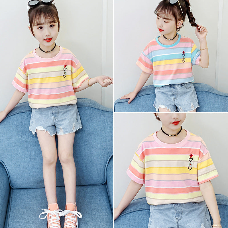 Girls short-sleeved T-shirt 2024 new summer clothes for children, middle and large children, fashionable T-shirt pullover knitted cotton sweater tops trendy