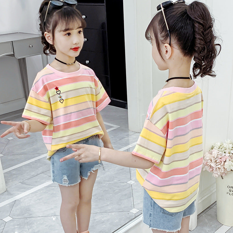 Girls short-sleeved T-shirt 2024 new summer clothes for children, middle and large children, fashionable T-shirt pullover knitted cotton sweater tops trendy