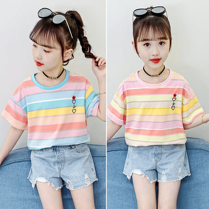 Girls short-sleeved T-shirt 2024 new summer clothes for children, middle and large children, fashionable T-shirt pullover knitted cotton sweater tops trendy