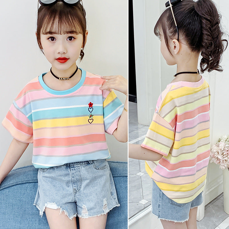 Girls short-sleeved T-shirt 2024 new summer clothes for children, middle and large children, fashionable T-shirt pullover knitted cotton sweater tops trendy