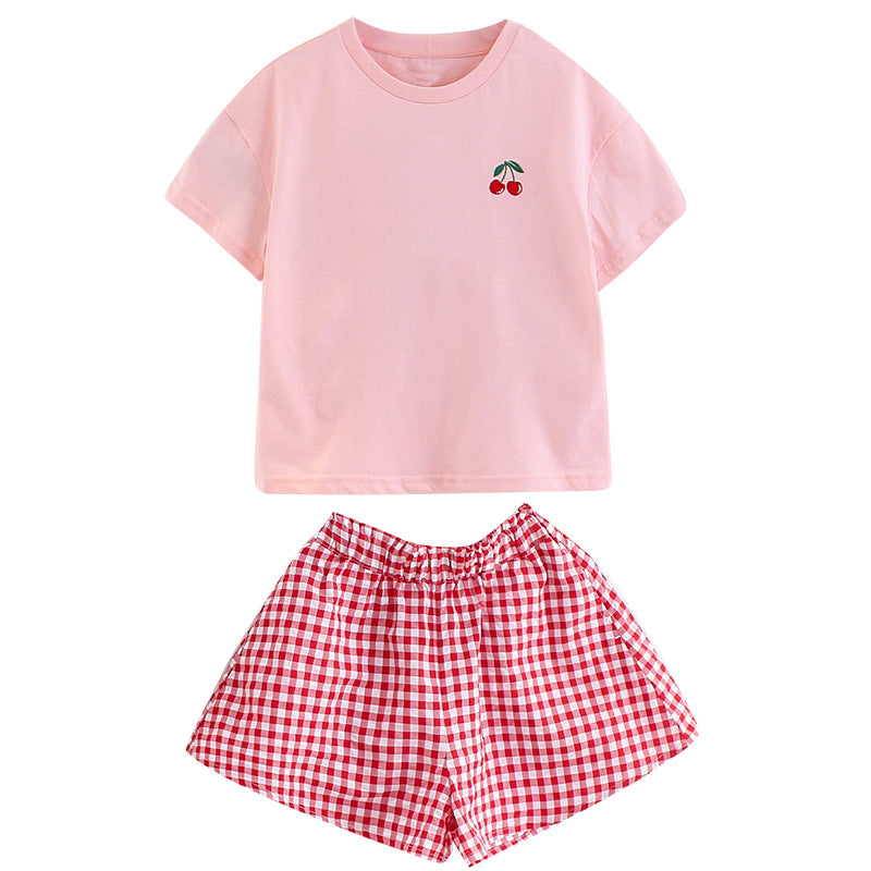 Girls suit 2024 new summer short-sleeved shorts stylish girls children's tops hot pants two-piece suit