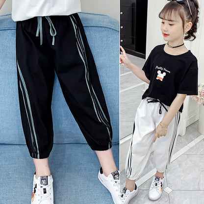 Girls anti-mosquito pants 2024 new summer wear cropped pants stylish girl children's pants fashionable medium and large children's casual pants