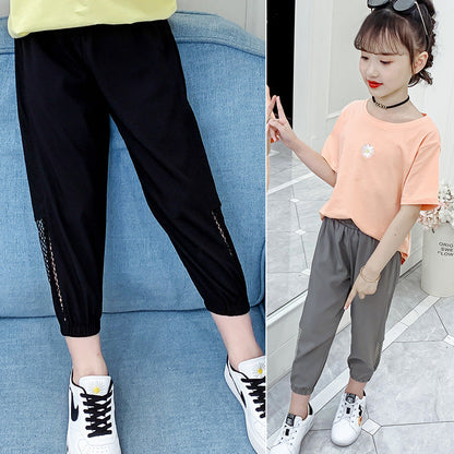 Girls anti-mosquito pants 2024 new summer wear cropped pants stylish girl children's pants fashionable medium and large children's casual pants