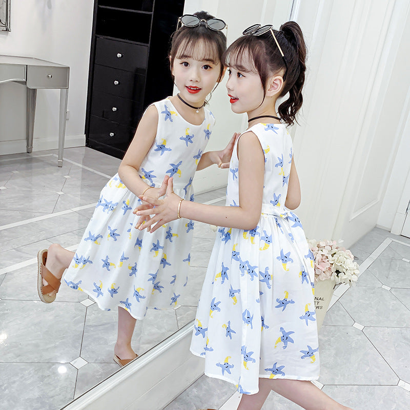 Girls cotton skirt 2024 new summer clothes for children, middle and large children, fashionable floral cotton dress, long skirt, full cotton skirt