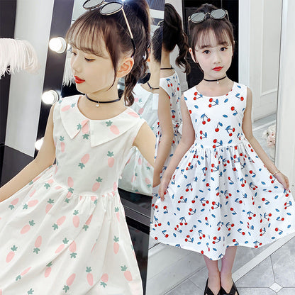 Girls cotton skirt 2024 new summer clothes for children, middle and large children, fashionable floral cotton dress, long skirt, full cotton skirt 