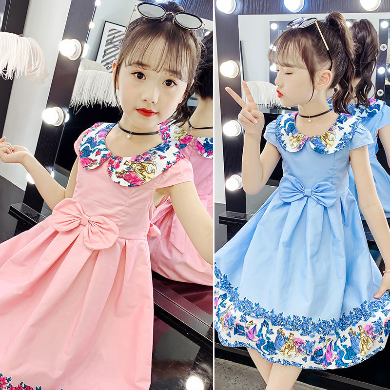 Girls cotton skirt 2024 new summer clothes for children, middle and large children, fashionable cotton floral dress, off-shoulder vest dress