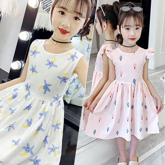 Girls cotton skirt 2024 new summer clothes for middle and large children fashionable floral fashion cotton dress long skirt full cotton skirt