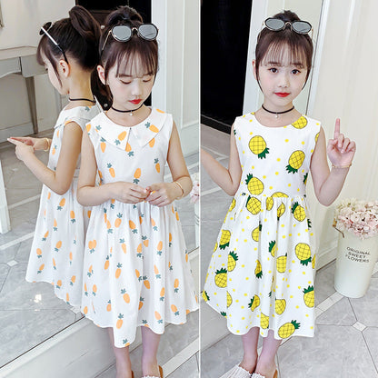 Girls cotton skirt 2024 new summer clothes for children, middle and large children, fashionable floral cotton dress, long skirt, full cotton skirt