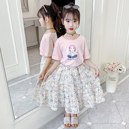 Girls short-sleeved T-shirt 2024 new summer clothes for children, middle and large children, fashionable T-shirt pullover knitted cotton sweater tops