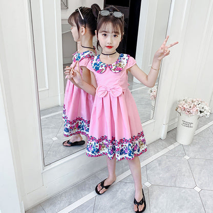 Girls cotton skirt 2024 new summer clothes for children, middle and large children, fashionable cotton floral dress, off-shoulder vest dress