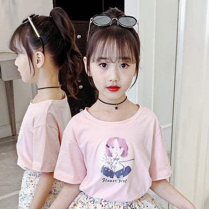 Girls short-sleeved T-shirt 2024 new summer clothes for children, middle and large children, fashionable T-shirt pullover knitted cotton sweater tops