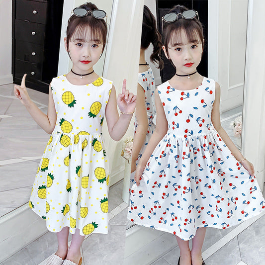 Girls cotton skirt 2024 new summer clothes for children, middle and large children, fashionable floral cotton dress, long skirt, full cotton skirt 