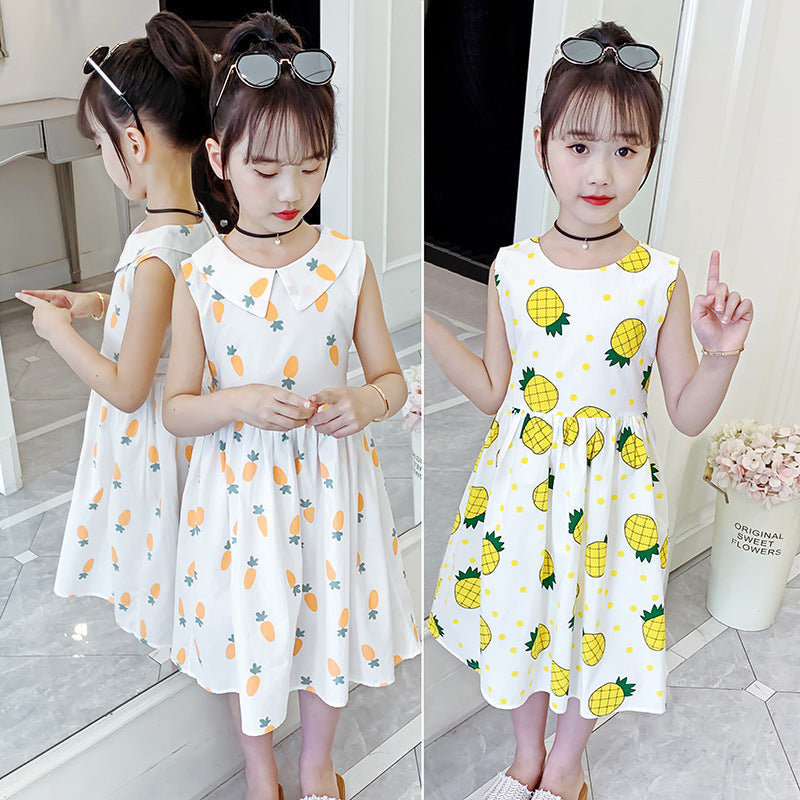 Girls cotton skirt 2024 new summer clothes for children, middle and large children, fashionable floral cotton dress, long skirt, full cotton skirt 