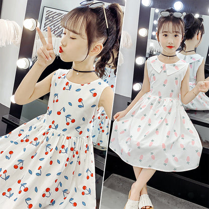 Girls cotton skirt 2024 new summer clothes for children, middle and large children, fashionable floral cotton dress, long skirt, full cotton skirt