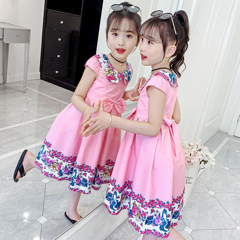 Girls cotton skirt 2024 new summer clothes for children, middle and large children, fashionable cotton floral dress, off-shoulder vest dress