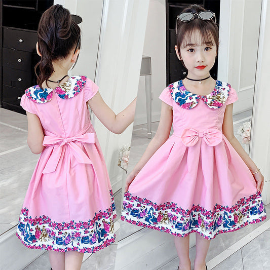 Girls cotton skirt 2024 new summer clothes for children, middle and large children, fashionable cotton floral dress, off-shoulder vest dress