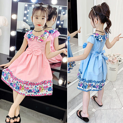 Girls cotton skirt 2024 new summer clothes for children, middle and large children, fashionable cotton floral dress, off-shoulder vest dress