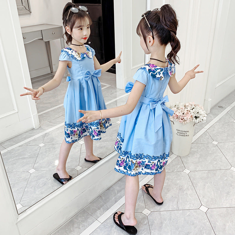 Girls cotton skirt 2024 new summer clothes for children, middle and large children, fashionable cotton floral dress, off-shoulder vest dress