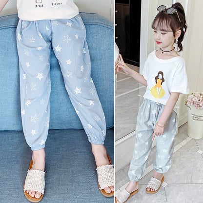 Girls' mosquito-proof pants 2024 new summer pants fashionable and stylish children's middle and large children's leggings nine-point pants lantern casual pants 