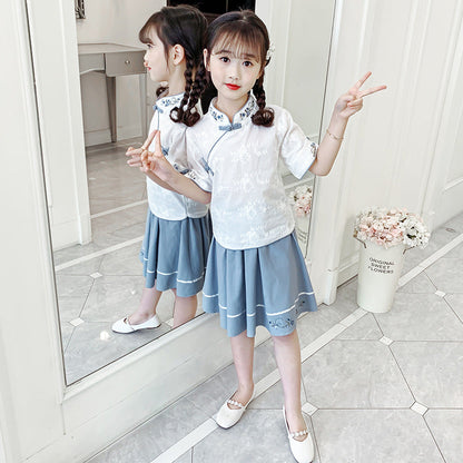 Girls Hanfu suit 2024 new summer style children's cheongsam skirt Chinese style two-piece suit trendy