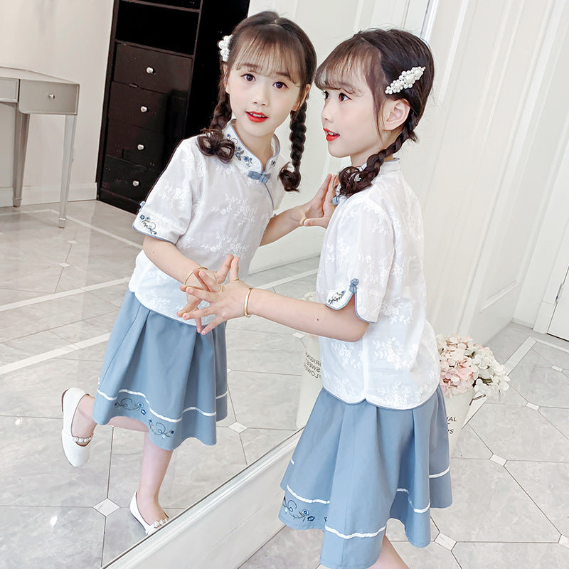 Girls Hanfu suit 2024 new summer style children's cheongsam skirt Chinese style two-piece suit trendy