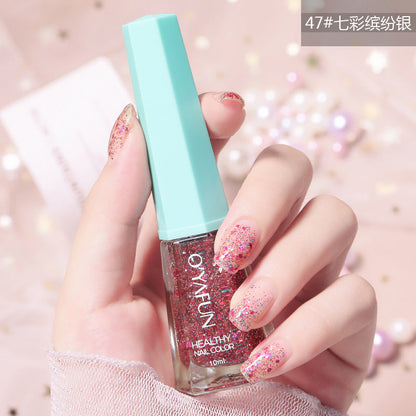 Ou Yafei's new nail polish 48 colors optional non-peelable long-lasting sequins oily nail polish for pregnant women and children