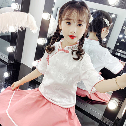 Girls Hanfu suit 2024 new summer style children's cheongsam skirt Chinese style two-piece suit trendy