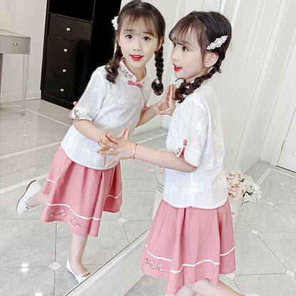 Girls Hanfu suit 2024 new summer style children's cheongsam skirt Chinese style two-piece suit trendy