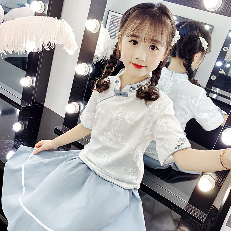 Girls Hanfu suit 2024 new summer style children's cheongsam skirt Chinese style two-piece suit trendy