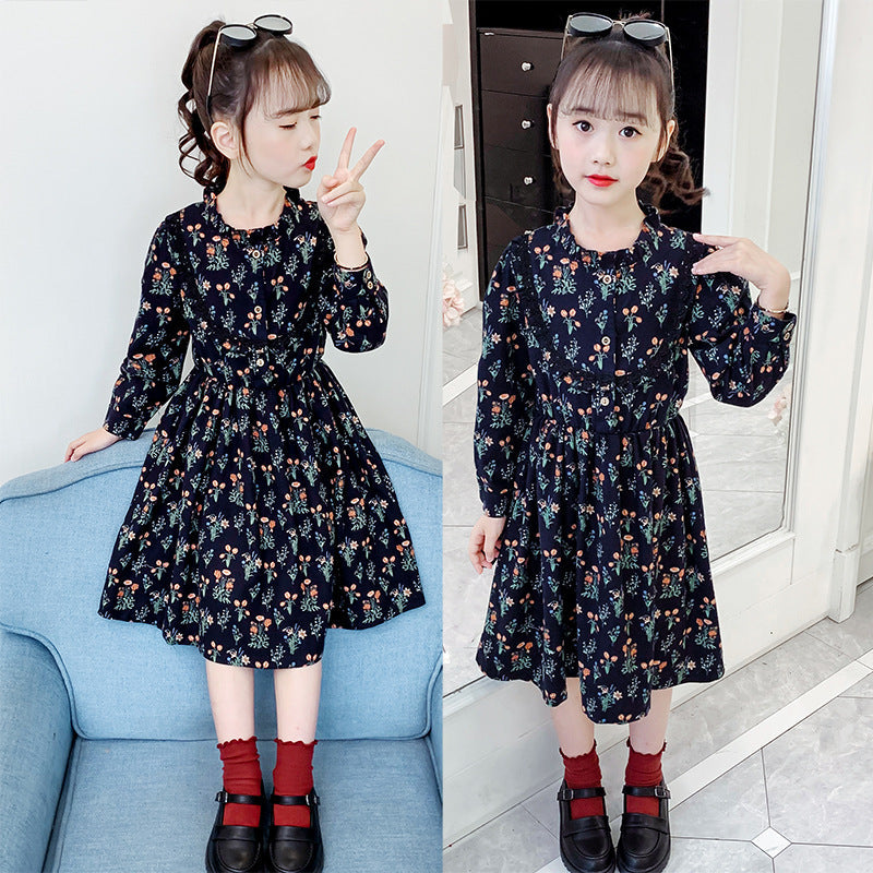 Girls dress 2024 new spring and autumn floral long-sleeved skirt fashionable retro pure cotton high-neck long skirt ladies skirt