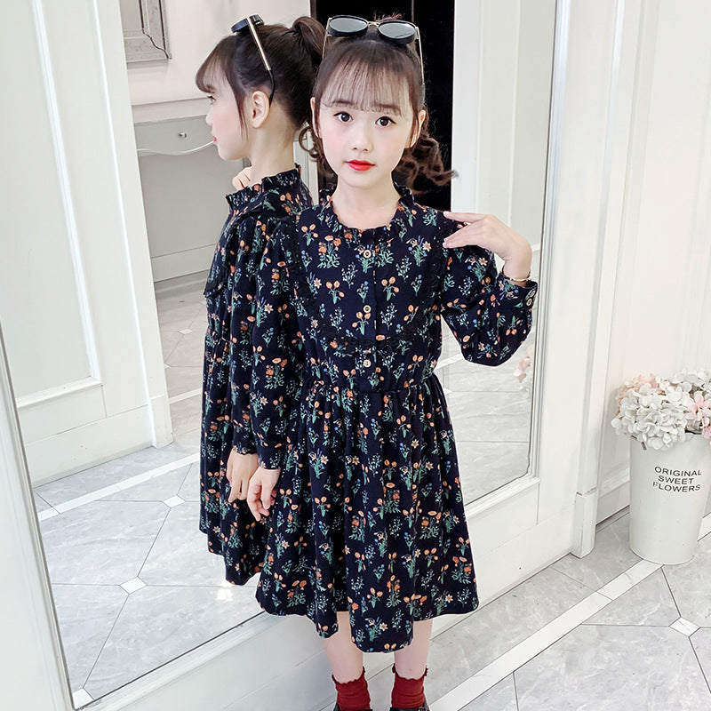 Girls dress 2024 new spring and autumn floral long-sleeved skirt fashionable retro pure cotton high-neck long skirt ladies skirt