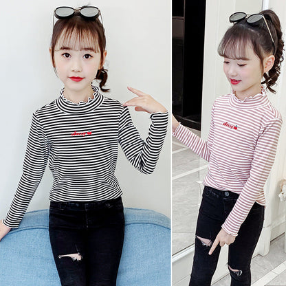 Girls long-sleeved bottoming shirt 2024 new spring and autumn cotton stylish children's pullover knitted tops T-shirts for big and small children