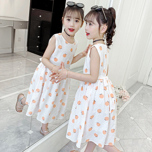 Girls dress 2024 new summer print sleeveless skirt cotton vest skirt little girl waist princess skirt