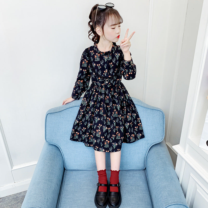 Girls dress 2024 new spring and autumn floral long-sleeved skirt fashionable retro pure cotton high-neck long skirt ladies skirt