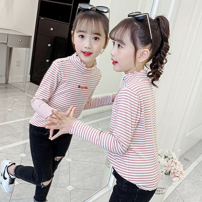 Girls long-sleeved bottoming shirt 2024 new spring and autumn cotton stylish children's pullover knitted tops T-shirts for big and small children