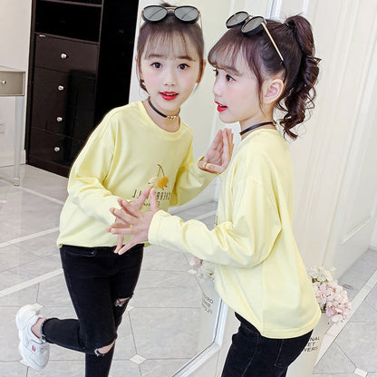 Girls long-sleeved bottoming shirt 2024 new spring and autumn cotton stylish children's pullover knitted tops T-shirts for big and small children