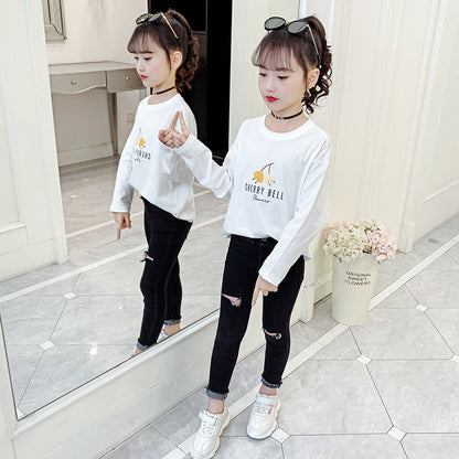 Girls long-sleeved bottoming shirt 2024 new spring and autumn cotton stylish children's pullover knitted tops T-shirts for big and small children