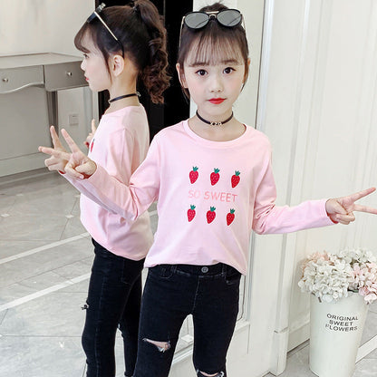 Girls long-sleeved bottoming shirt 2024 new spring and autumn cotton stylish children's pullover knitted tops T-shirts for big and small children